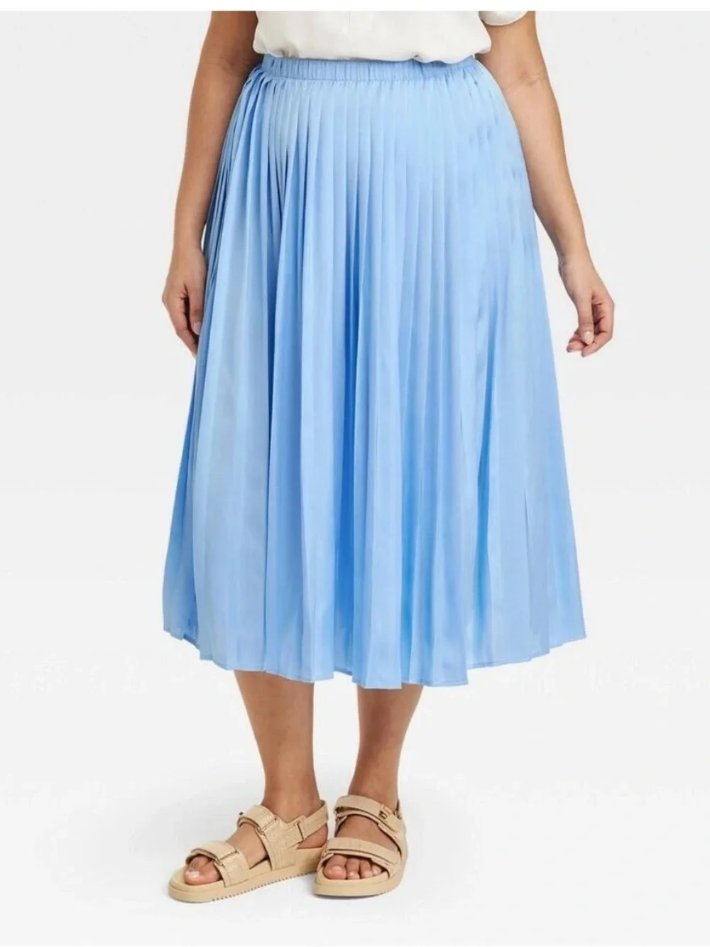 A New Day Pleated Satin Midi Skirt Sky Blue Plus Size 1X
